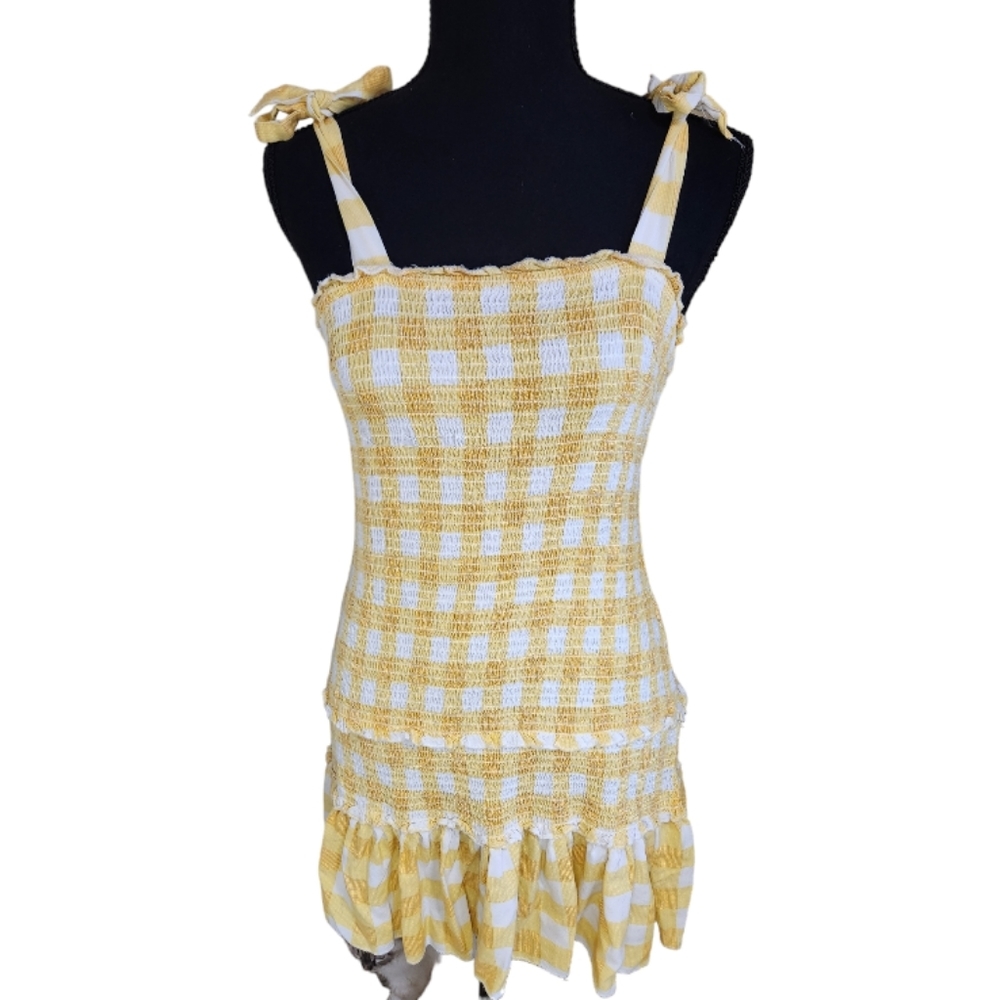 SINCERELY JULES  gingham print bodycon sundress mini dress yellow white sz large